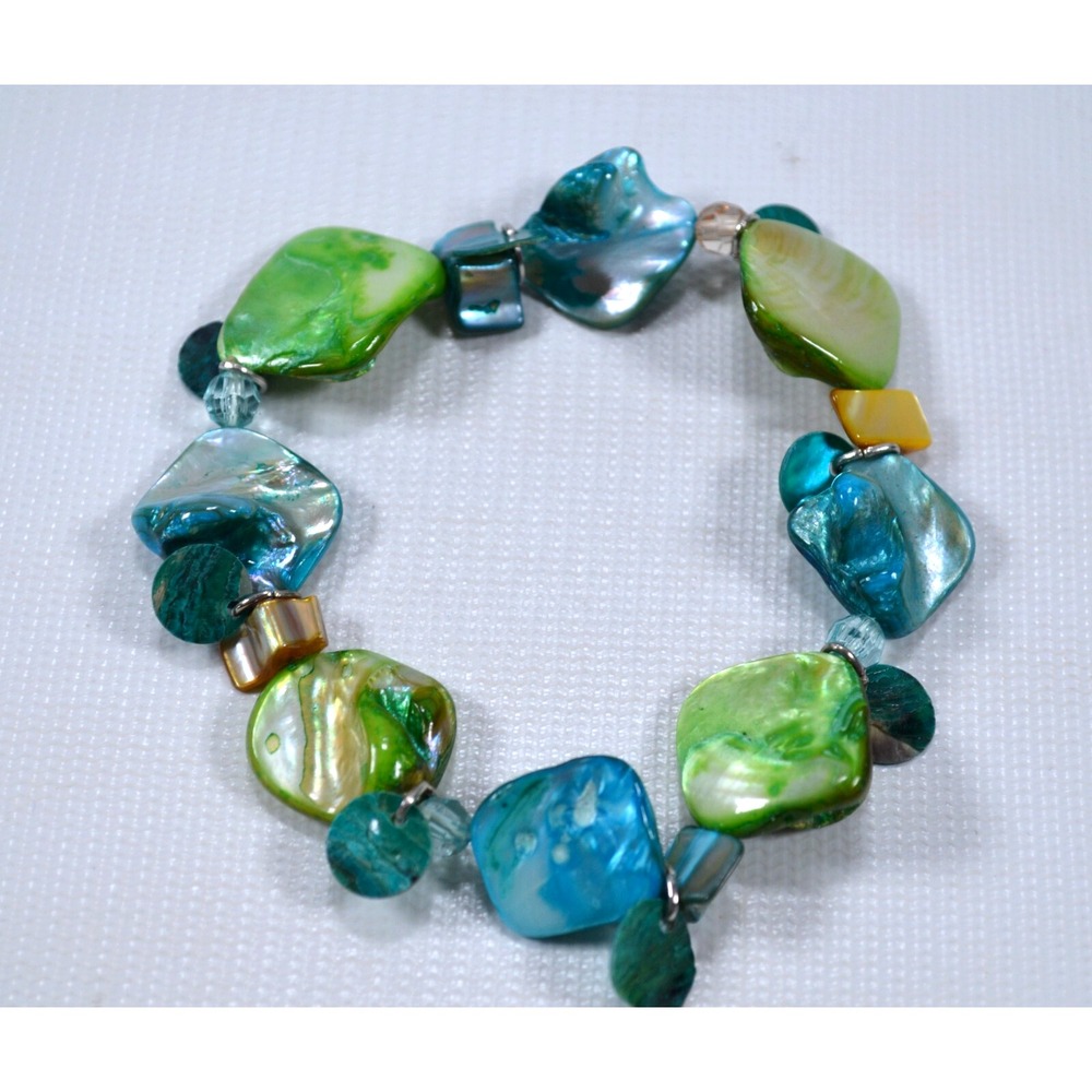 Beaded Chip Stone Shell Blue & Green Stretch Bracelet 7" w/ Stretch